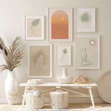 Load image into Gallery viewer, Terracotta Line Drawings of girl with tropical palm leaf art print by Megan Heloise
