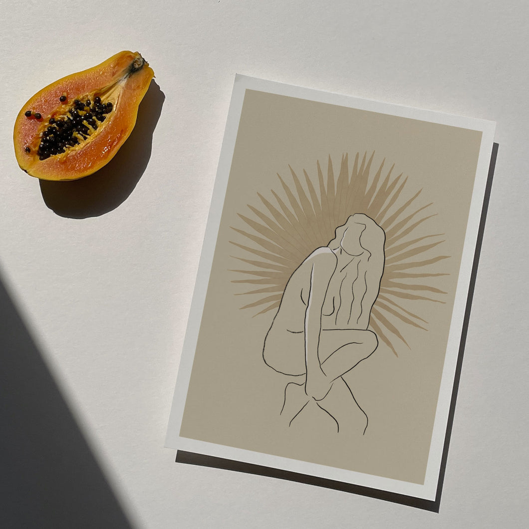 Terracotta Line Drawings of girl with tropical palm leaf art print by Megan Heloise