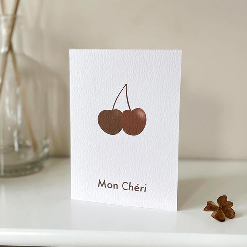 Mon Cheri illustrated cherry card with natural kraft envelope. The illustrated cherry card by Megan Heloise is simple and elegant, ideal for your lover, Galetine, Valentine or as a birthday or anniversary card.